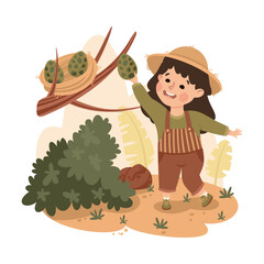 Sticker - Little Girl in the Jungle Taking Egg from Nest Exploring Tropical Environment Vector Illustration