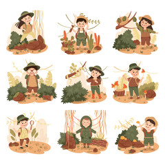 Sticker - Little Children in the Jungle Looking in Binoculars and Following Trail Exploring Tropical Environment Vector Illustration