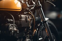 Description Of A Specialized Motorbike Featuring Customized Components Like Headlight, Gas Tank, Wheel, And Metal. Generative AI