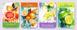 Juicy and bright summer posters, banners, covers or labels with citrus fruits painted in watercolor with blots and splashes of paint. Modern illustration of orange, lemon, lime, grapefruit.