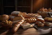 Assorted Fresh Bread Varieties Arranged On A Wooden Table. Generative AI