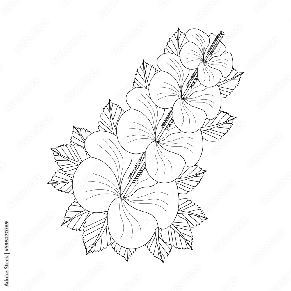 Hibiscus Flower Drawing Coloring Page With Doodle Art Line Art Vector