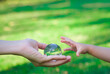 © Bordinthorn - Adult person passes crystal ball to baby hand a healthy ecology to a new generation. Healthy ecology of the planet Earth. A healthy future for our generation. green glass background. Save the world.