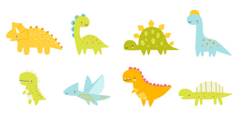 Wall Mural - Cute dino naive set. Abstract dinosaurs collection for baby boys. Stylized vector dino bundle.