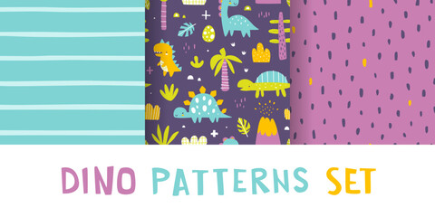 Wall Mural - cute pattern set with baby dino. seamless colorful vector print collection with abstract dinosaurs f