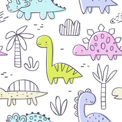 Wall Mural - Outline doodle jurassic pattern with cute dino and plants. Seamless vector print with dinosaurs for baby textile and fabric.