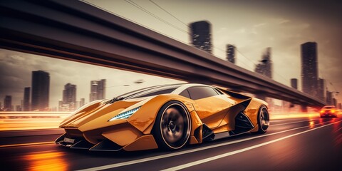 Poster - Elegant luxury super sports car future design driving on modern city highway Generative AI