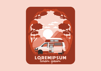 Wall Mural - Colorful illustration badge of campervan in nature