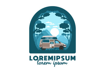 Wall Mural - Colorful illustration badge of campervan in nature