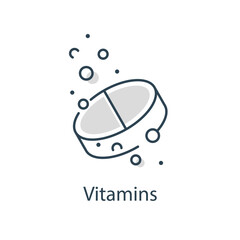 vitamins or sugar substitute, water bubbles, thin line symbol on white background,soluble tablet icon, effervescent pill