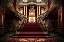 A Grand Entrance Of A Modern Baroque Building With A Red Carpet On The Stairs Leading To The Top, Fit For A Kingdom Or Palace, Possibly For An Award Ceremony. Keywords: Luxury, High,. Generative AI