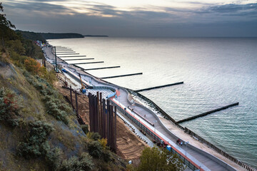 Wall Mural - View on beach of Baltic sea in Svetlogorsk at sunset. Kaliningrad region. Russia