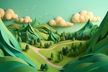 3D Render Of Abstract Landscape With Trees And Mountains In Paper Cut Style, Generative Ai