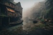 Medieval fishing village sleeping under fog. Generative AI