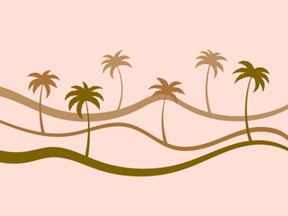 Wall Mural - line landscape outline with palm trees. landscape painted with stripes in retro style. contour of th