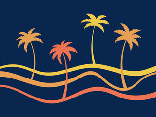 Wall Mural - line landscape outline with palm trees. landscape painted with stripes in retro style. contour of th
