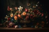 An elaborate Renaissance oil painting of a stunning floral arrangement featuring roses, lilies, and pansies. Generative AI