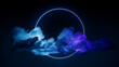 © RocknRoller Studios - Cloud Formation Illuminated with Blue and Purple Fluorescent Light. Dark Environment with Circle shaped Neon Frame.