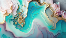 Beautiful White And Pastel Liquid Swirls With Gold Glitter. Luxurious Acrylic Pour Background. Generative AI.