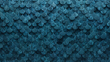 Polished, Blue Patina Wall Background With Tiles. Glazed, Tile Wallpaper With 3D, Fish Scale Blocks. 3D Render