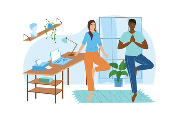 Aufkleber - Workplace blue concept with people scene in the flat cartoon design. Woman show to her boss how to do yoga exercises for relaxing. Vector illustration.