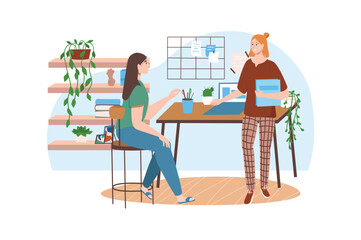Aufkleber - Workplace blue concept with people scene in the flat cartoon design. Director gives a new workplace to an employee. Vector illustration.