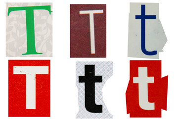 Letter t magazine cut out font, ransom letter, isolated collage elements for text alphabet, ransom note