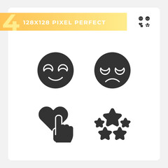 Poster - User feedback about service pixel perfect black glyph icons set on white space. Reactions and evaluation of business. Silhouette symbols. Solid pictogram pack. Vector isolated illustration