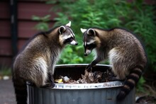 Two Raccoons Stealing Food From A Trash Ca
