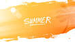 Summer Season background with hand lettering, summer sun, palm tree and white brush strokes for Summertime graphic design. Orange color. Vector illustration.