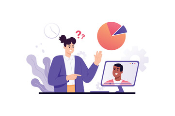 Aufkleber - Violet concept Business webinar with people scene in the flat cartoon design. Business woman is chatting with her colleagues on the webinar. Vector illustration.
