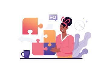 Poster - Plagiarism violet concept with people scene in the flat cartoon style. Employee is working on the selection of information. Vector illustration.