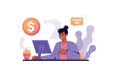 Aufkleber - Money transfer violet concept with people scene in the flat cartoon design. Woman transfer money for certain services via the Internet. Vector illustration.
