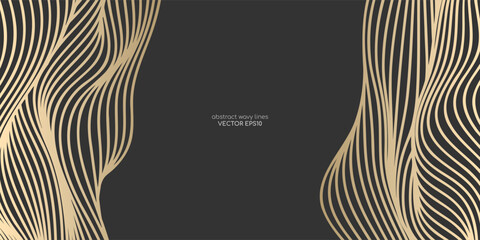 Wall Mural - Vector abstract line art wavy smooth flowing dynamic gold gradient isolated black background in concept luxury, wave, ocean, mountain