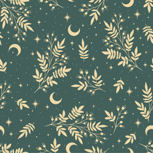 Magic Seamless Vector Green Pattern With Plants And Stars. Boho Pattern For Astrology, Textiles, Wrapping Paper, Design.