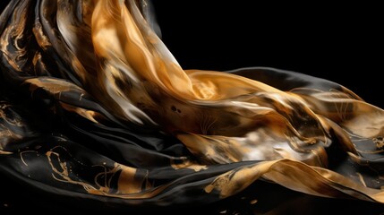 flying black and gold fabric on a black background.Generative AI Generative AI