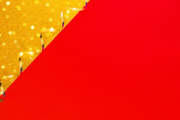 Poster - Universal empty festive background. Red and gold paper. Decor with gold ribbon and bokeh lights. Layout for a holiday or postcard.