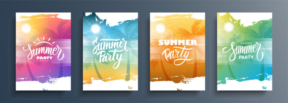 Summer Party Set. Summertime backgrounds with palm trees, summer sun, brush strokes and hand lettering. Vector illustration.