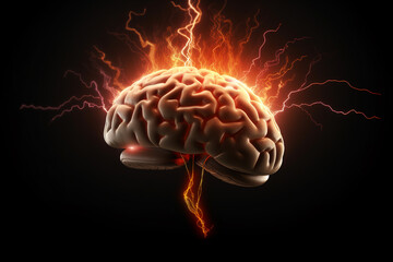 Human brain with energy waves showing neuron firing, psychological pressure, stress, epilepsy, migraine attack, burnout or injury, generative AI