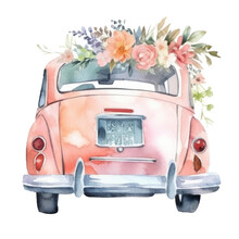 Watercolor Wedding Car With Flowers For Newlyweds.