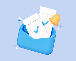 3D Blue envelope inside which tickets with checkmark. Bell notification. Online voting in elections. Movie tickets or coupon sent by mail. Cartoon creative design icon on blue background. 3D Rendering