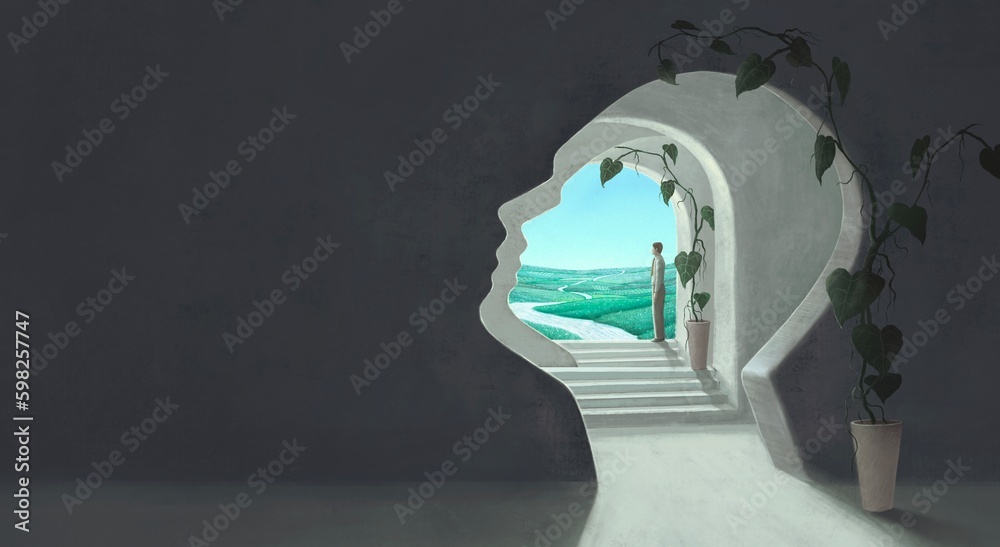 psychology, wat, escape and mental health concept art. surreal painting ...