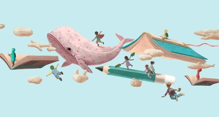 education learning dream hope inspiration and freedom concept, girl and boy with imagination book. s