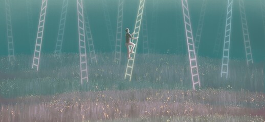 Conceptual art of success and inspiration. surreal artwork. conceptual painting. a man and staircase
