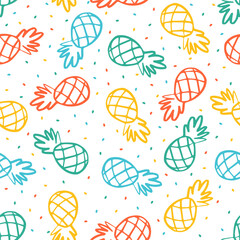 Seamless pattern with colorful outline pineapples and dots