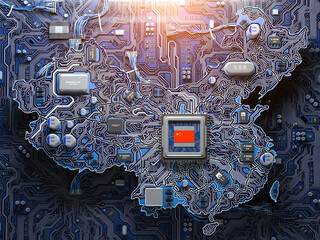 Poster - China semiconductor industry, computer chips manufacturing  and artificial intelligence concept. Motherboard with CPU processor in form of map of China