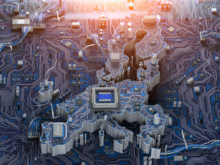 Poster - EU semiconductor industry, computer chips manufacturing  and artificial intelligenceconcept. Motherboard with CPU processor in form of map of European Union.