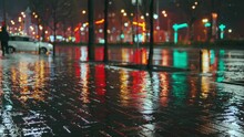 The Car Drives Into The Wet Street Of The Night City In The Rain. Generative AI