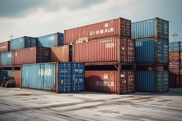 Aerial view of stacked shipping containers at a busy port with cranes and cargo ships in the background. Ai generated.