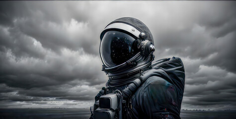 Closeup portrait of astronaut, cosmonaut against a dark cloudy sky. Black and white illustration. Generative ai.
